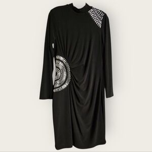 Frank Lyman Design Silver and Black Asymmetrical Ruched Midi Dress, Size 12